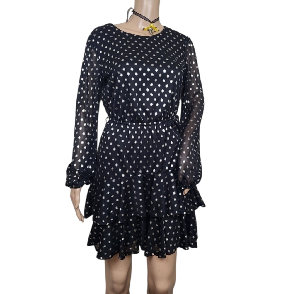 City Triangles Womens Black Polka Dot Mesh Fit & Flare Dress